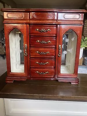 VINTAGE Wooden Jewelry Box Cabinet Chest Armoire Style Organizer W/ Etched Glass • $42