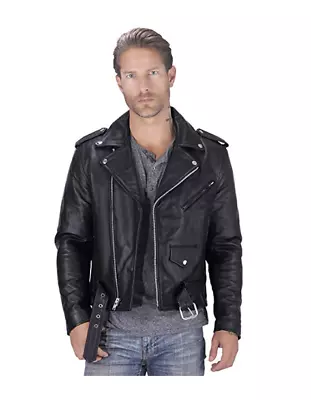 Mens Brando Motorbike Genuine Leather Jacket Black Marlon Classic Jacket • $99.99