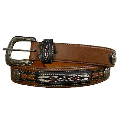 Wrangler Western Leather Belt 42 Mens Aztec Southwest Inlay Concho Cowboy Buckle • $29.95