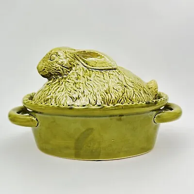 Vintage Olive Green Rabbit Tureen Canister Crock Decorative Handles 6”x9” • $24.99