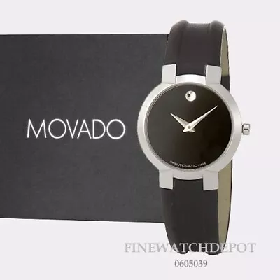 Authentic Movado Faceto Ladies Silver Tone Black Leather Strap Watch 0605039 • $595