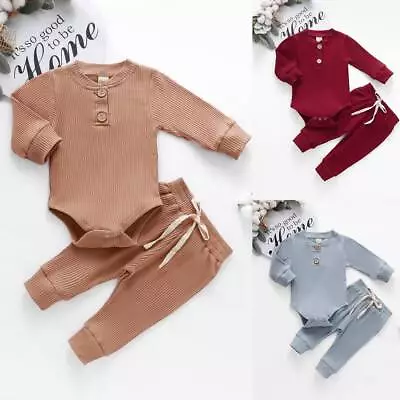 Newborn Baby Boys Girls Solid Romper Pants Tops Jumpsuit Set Clothes Outfits • £9.19