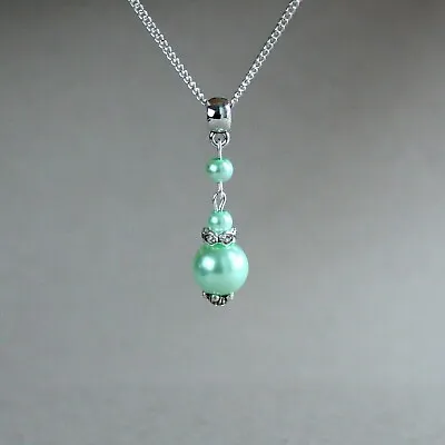 Mint Green Pearls Silver Plated Chain Wedding Bridesmaid Bridal Pendant Necklace • $11.35