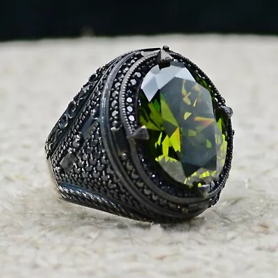 Solid 925 Sterling Silver Turkish Jewelry Peridot Stone Men's Ring • £50.19