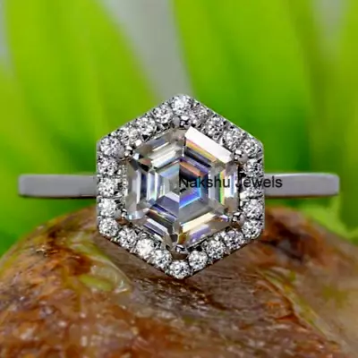 2.23Ct White Hexagon Cut Moissanite Halo Engagement Ring 14K White Gold • $439.99