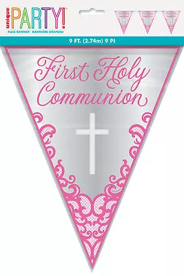 1st Holy Communion Bunting Girls Party Decoration Pink & Silver Foil Flag Banner • £3.25