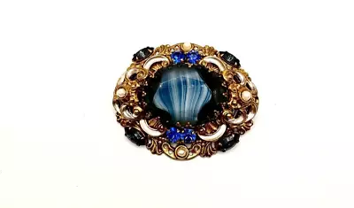 Vintage Gold Tone West Germany Blue Givre Glass Faux Pearl Brooch • $74.99