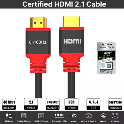 $16.99 • Buy Certified HDMI 2.1 Cable Ultra HD 8K@60Hz 4K@120Hz 48Gbps UHD 3D Dynamic HDR