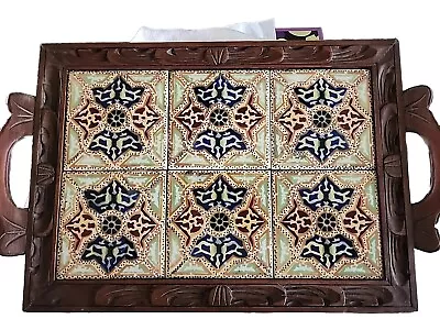 Vintage Mexican Hand Carved Wood Tray Ceramic Tile Green Blue Brown Charcuterie  • $25