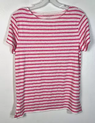 Majestic Filatures Size 2 = Medium Pink Stripe Stretch Linen Short Sleeve Tee • $30