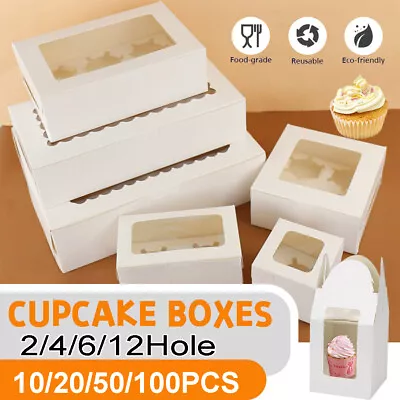 Cupcake Box Cases 2/4/6/12 Holes Clear Window Cupcake Display Boxes Muffin Cup • $20.50