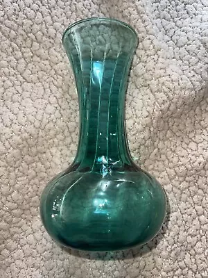 Vintage Teal Art Glass Vase Optic Swirl Hand Blown • $21.63