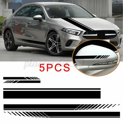 5pcs Car Side Body Racing Long Stripe Vinyl Hood Roof Decals Sticker Decor Black • £12.82