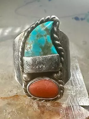 Navajo Ring Turquoise Claw Coral Size 8 Sterling Silver Women Men Signed R • $220