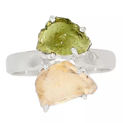 Natural Libyan Desert Glass & Moldavite 925 Silver Ring Jewelry S.9 ALLR-25144 • $22.99