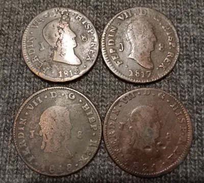 SPAIN 8 Maravedis. Lot Of 4 Coins. 1815 1817 1818 1821 • $75