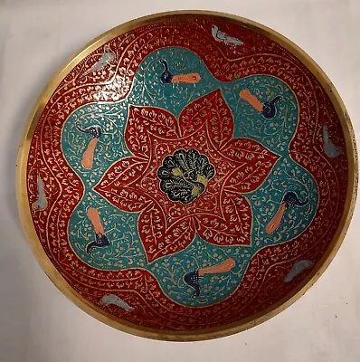 Persian Mugal Minakari Decorative Brass Bowl W/ Red & Turquoise Enamel Peacocks. • $21.24