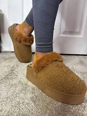 Womens Ladies Comfy Fluffy Faux Fur Platform Slippers Mules Shoes Size • £11.99