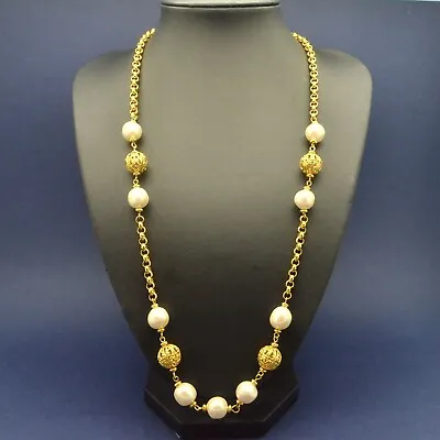 £11.50 • Buy Vintage Necklace TRIFARI 1980s Faux Pearl Ornate Filigree Goldtone Jewellery
