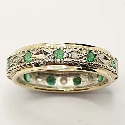 9ct Emerald & Diamond Full Eternity Edge Band Two Tone Gold Ring Size M 3/4 • $192.86