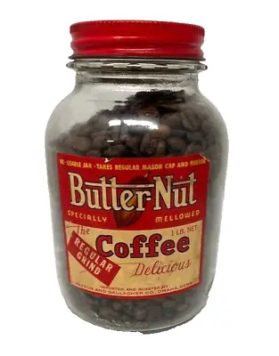 Vintage 1940's Butternut Coffee W/ Lid & Label 1 Lb Filled W/ Coffee Beans • $37.99