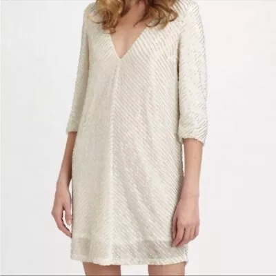 ERIN By Erin Fetherston Ivory Bugle Beaded V Neck Shift Mini Dress - Size 6 • $39.99