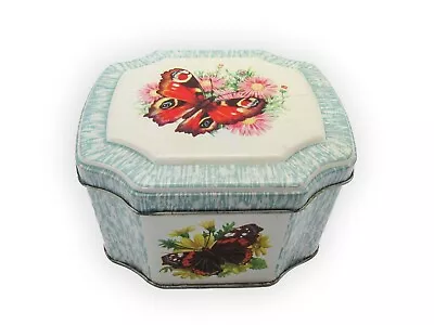 Vintage 5  Floral Butterfly Tin Light Blue W/ Hinged Lid Decorative Container • $7.99