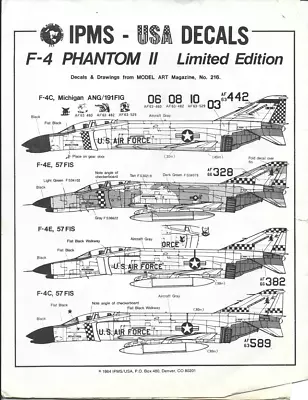 RARE IPMS USA F-4 Phantom II (Limited Edition) Decals 1/48  (104 LRG) • $27.99