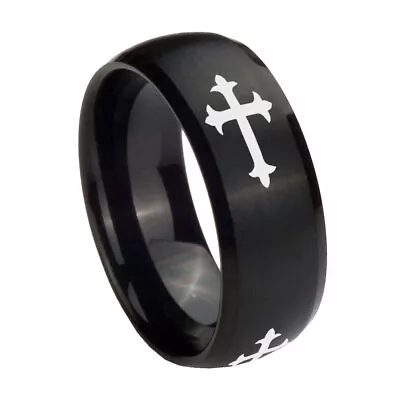8mm Christian Cross Religious Dome Matte Black Engraved Wedding Bands For Him • $39.99