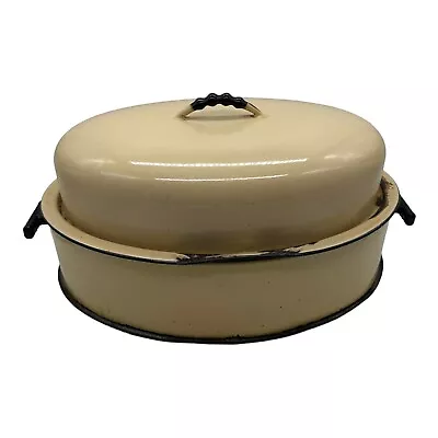 VTG Vollrath Kook King Enamelware Oval Roaster Roasting Pan Beige W/ Cover • $79.99