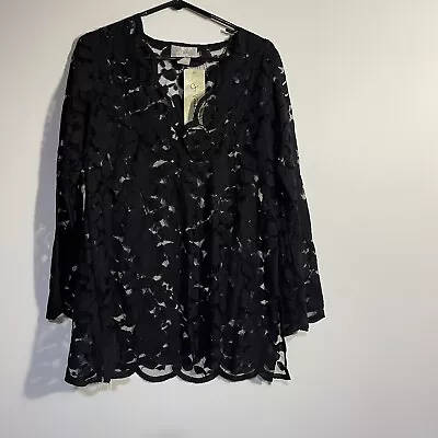 J Valdi Tunic Womens Small Swim Cover Up Black Floral Lace Long Sleeve Top • $17.95