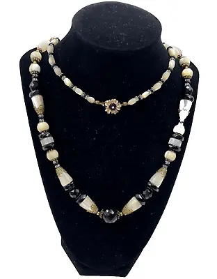 Antique Art Deco Mother Of Pearl Long Flapper Necklace Sautoir Black Jet Glass • $350