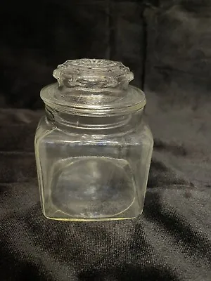 Vintage Anchor Hocking Square Apothecary Jar Canister Starburst Lid 4.5  No Ring • $9