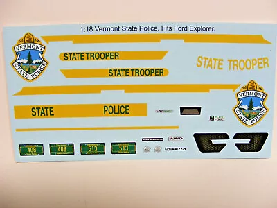Vermont State Trooper 1:18 Water Slide Decals Fits Motormax Police SUV • $11.49