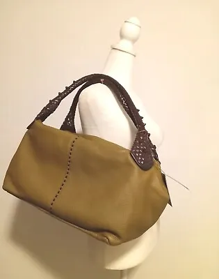 NWT PAOLO MASI ITALY Handbag Soft Pebbled Leather Large Olive Woven Handles $495 • $149.99