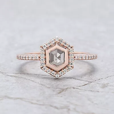 0.46 Ct Hexagon Salt And Pepper Diamond Ring 14K Rose Gold Engagement Gift Ring • $880.60