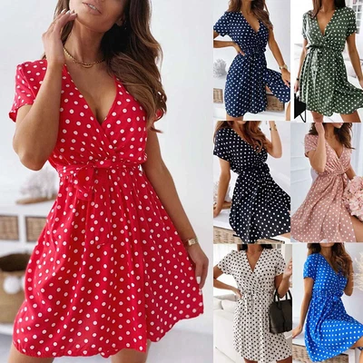 £12.79 • Buy Women Polka Dot Mini Dress Ladies Holiday Summer Beach Wrap V Neck Sundress Size