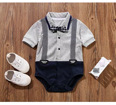 Baby Boy Navy Grey Romper Summer Suit Wedding Formal Party Smart Outfit 0-18m • £9.99