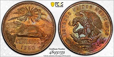 MS64BN 1960-Mo 20C Mexico 20 Centavos PCGS Trueview- Pretty Rainbow Toned • $59.95