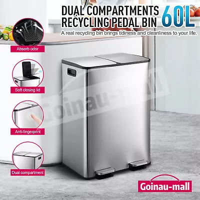 60L Rubbish Bin Dual Pedal Compartment Stainless Steel Garbage Recycling Dustbin • $149.39