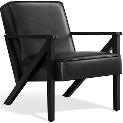 Faux Leather Armchair Lounge Chair With Z-shaped Wood Legs Extra-wide Seat Black • £62.99