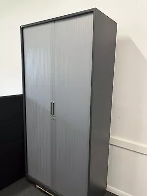 TASKTall Double-Door Tambour Unit Grey/Black Metal 3 Adjustable Shelves • £322.80