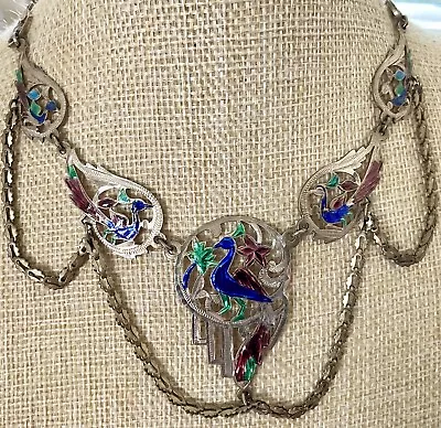 Rare Art Deco Czech Egyptian Revival Enamel Peacock Swag Necklace C1920/30s • £95