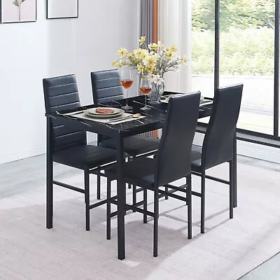 47  Black Marble MDF Top Dining Table & 4x Black Faux Leather Dining Chairs Set • $208.99