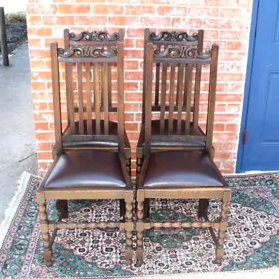 Set Of 4 English Antique Oak  Vinyl Upholstered Chairs • $1400