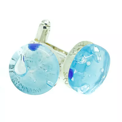 Murano Glass Cufflinks Circular Light Blue Silver Venice Wedding Made In Italy • £15.95