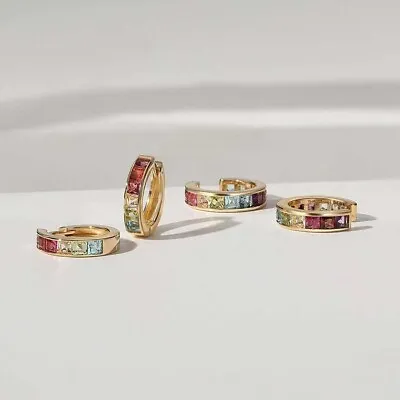 Rainbow Hoop Huggies Earrings In Solid 9k Gold Multi Sapphire Cartilage Earrings • $1118.21
