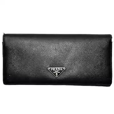 Prada Vintage Black Saffiano Leather Logo Front BiFold Dual Snap Long Wallet • $45