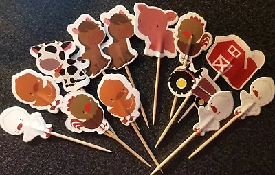 12 X Farm Animal Cake Picks Cupcake Toppers / Flags Birthday Party Decorations • £2.83