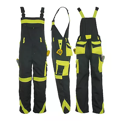 VIS Grey-Yellow Bib & Brace Men WORK TROUSERS Overalls Dungarees White Painting • £24.95